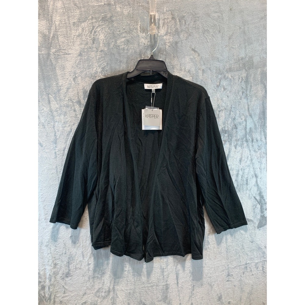 Kasper Womens XL Black Metallic Open Front Cardigan Shimmer 3/4 Sleeve 10925333